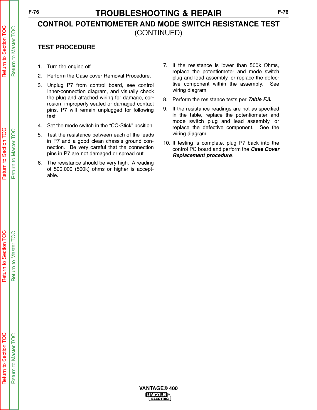 Lincoln Electric 400 service manual Test Procedure 