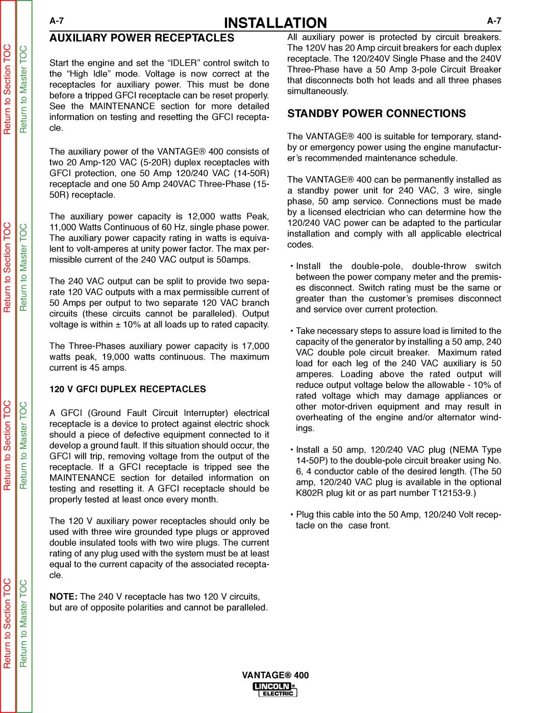 Lincoln Electric 400 service manual Auxiliary Power Receptacles, Standby Power Connections, Gfci Duplex Receptacles 