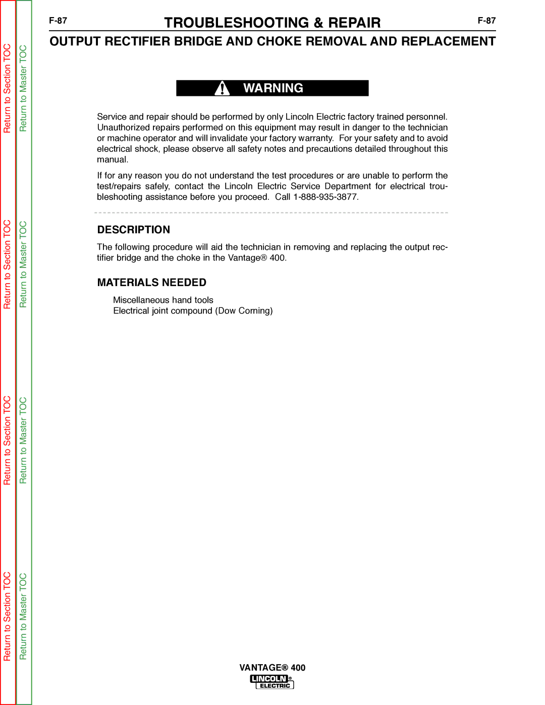 Lincoln Electric 400 service manual Output Rectifier Bridge and Choke Removal and Replacement, Description 