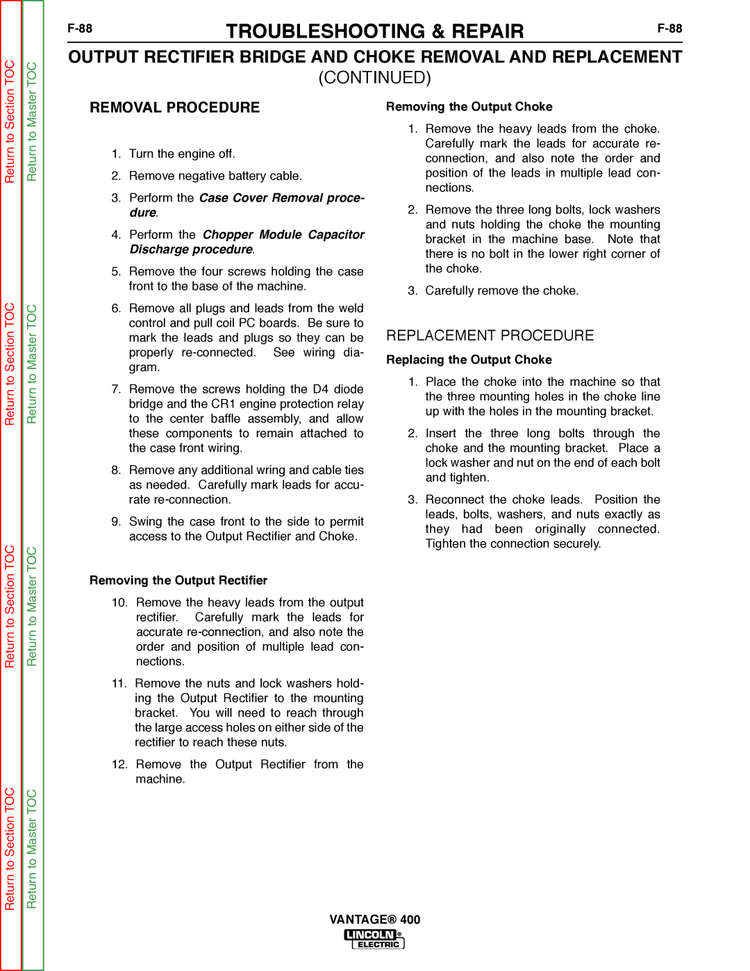 Lincoln Electric 400 service manual Removal Procedure, Removing the Output Rectifier, Removing the Output Choke 