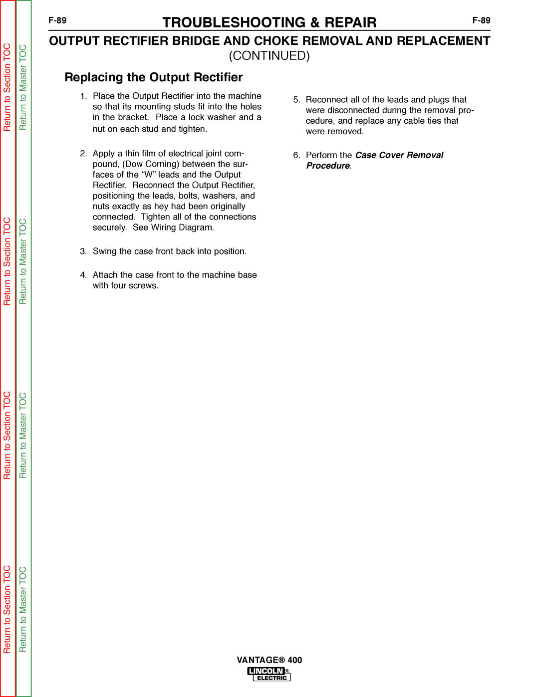 Lincoln Electric 400 service manual Replacing the Output Rectifier 