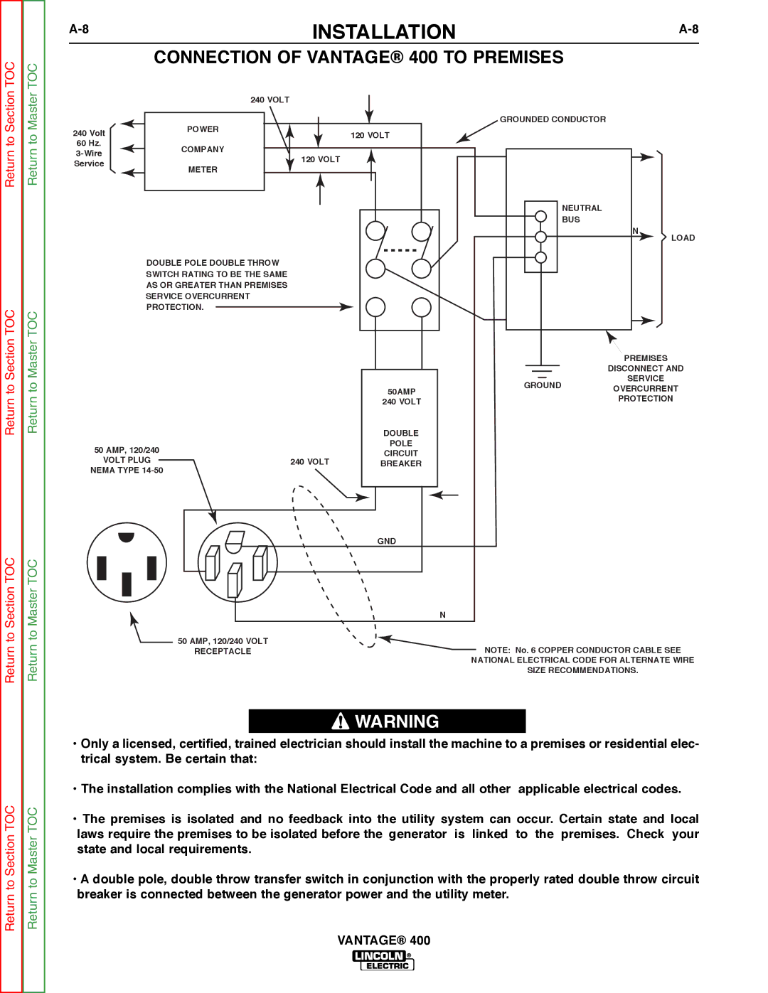 Lincoln Electric service manual Connection of Vantage 400 to Premises, Return to Return to Section TOC 