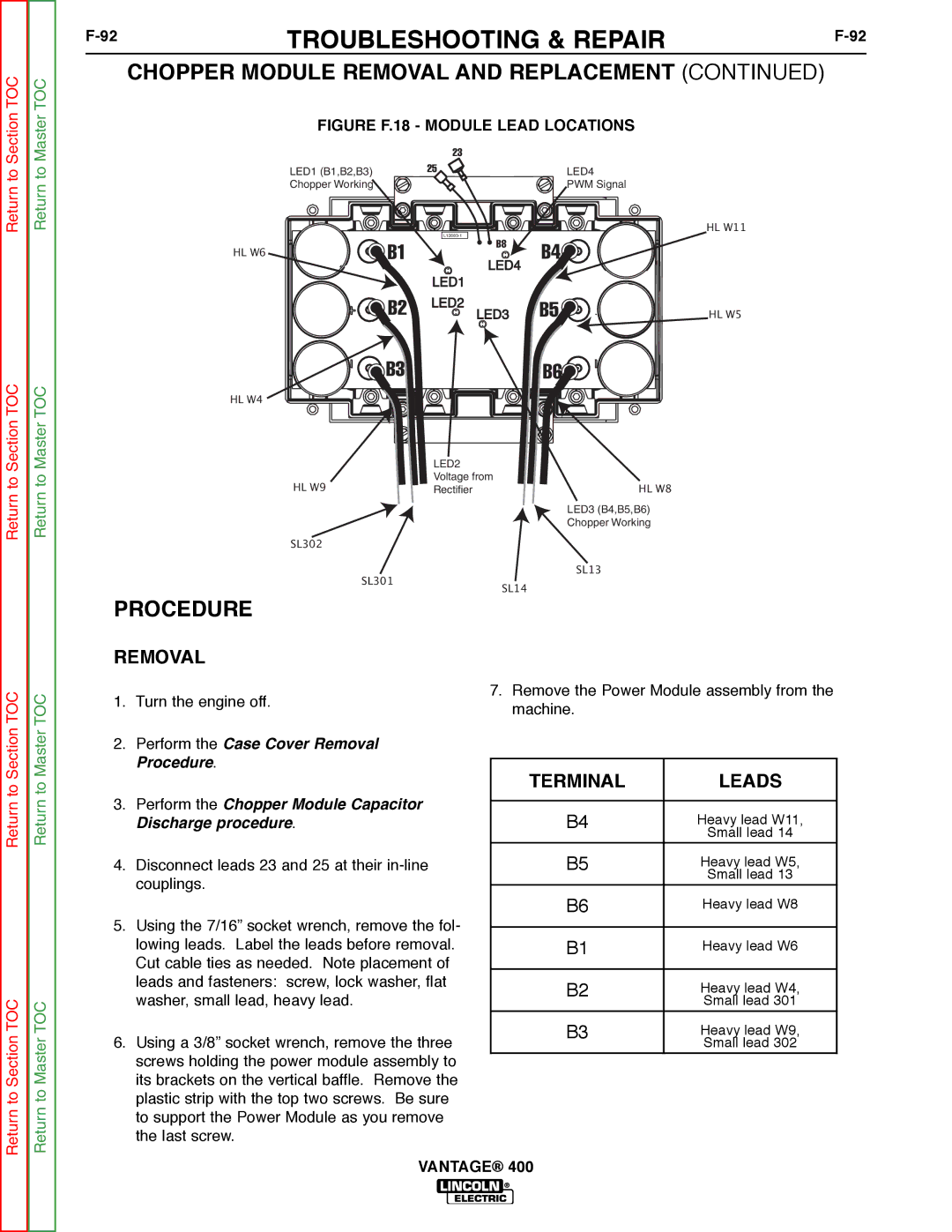 Lincoln Electric 400 service manual Procedure, Removal, Terminal Leads 