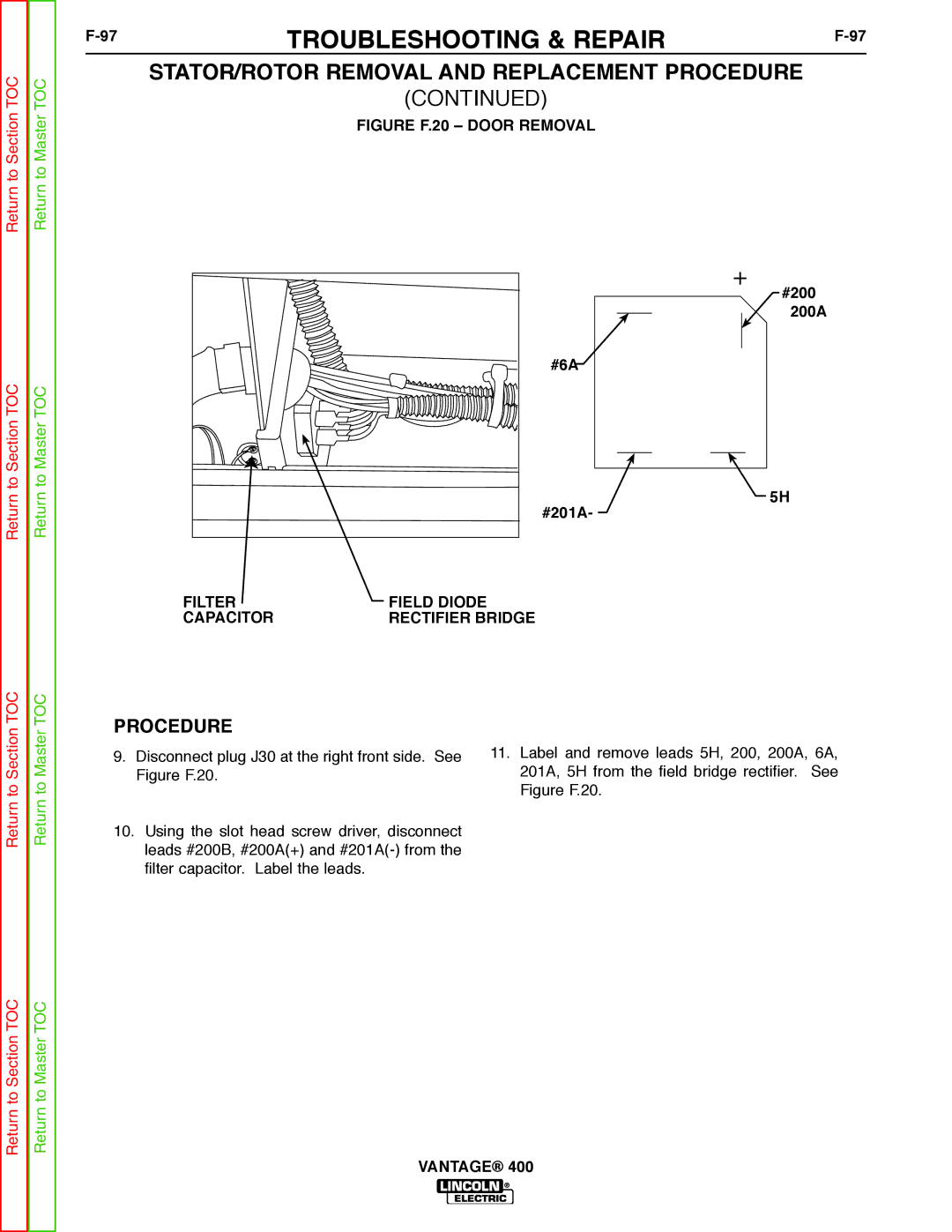 Lincoln Electric 400 service manual #200, 200A, #6A, #201A, Filter Field Diode Capacitor Rectifier Bridge 