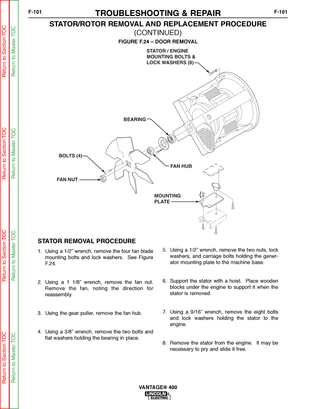 Lincoln Electric 400 service manual Stator Removal Procedure, 101 