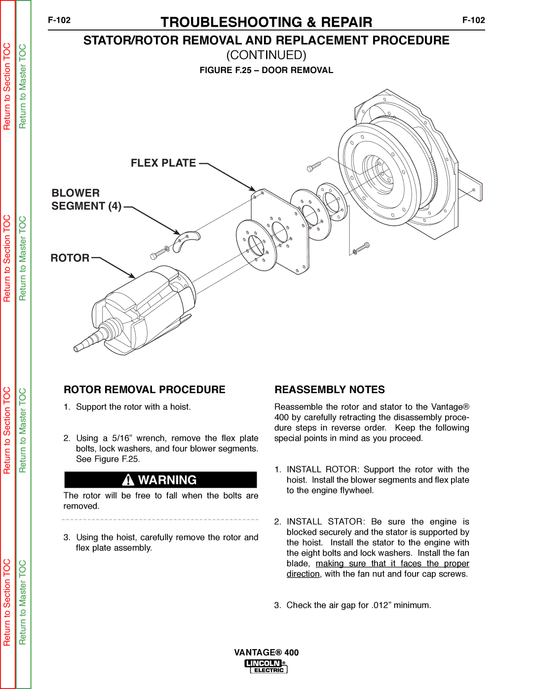 Lincoln Electric 400 service manual Rotor Removal Procedure, Reassembly Notes, 102 