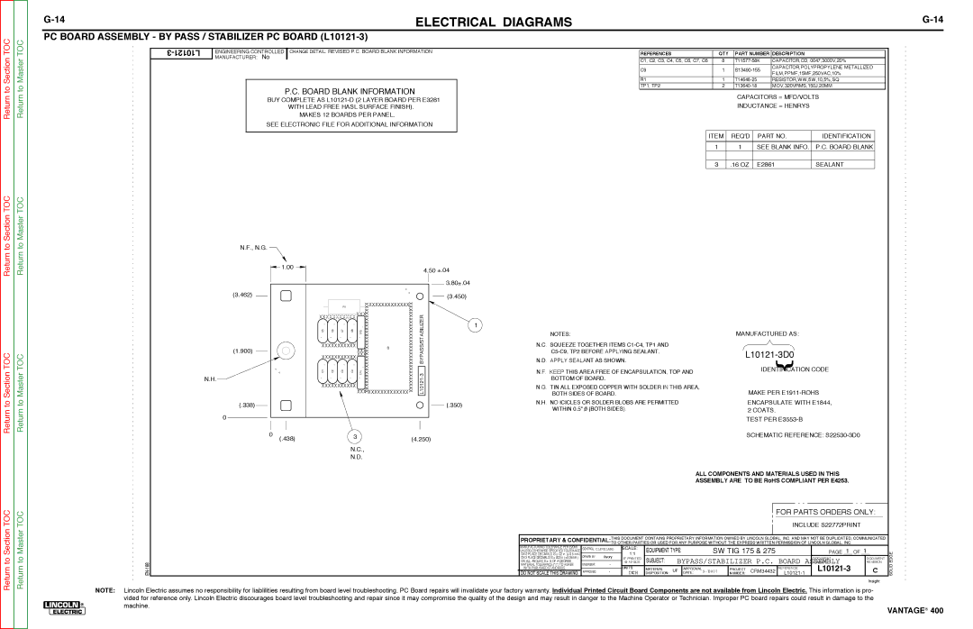 Lincoln Electric 400 service manual PC Board Assembly by Pass / Stabilizer PC Board L10121-3 