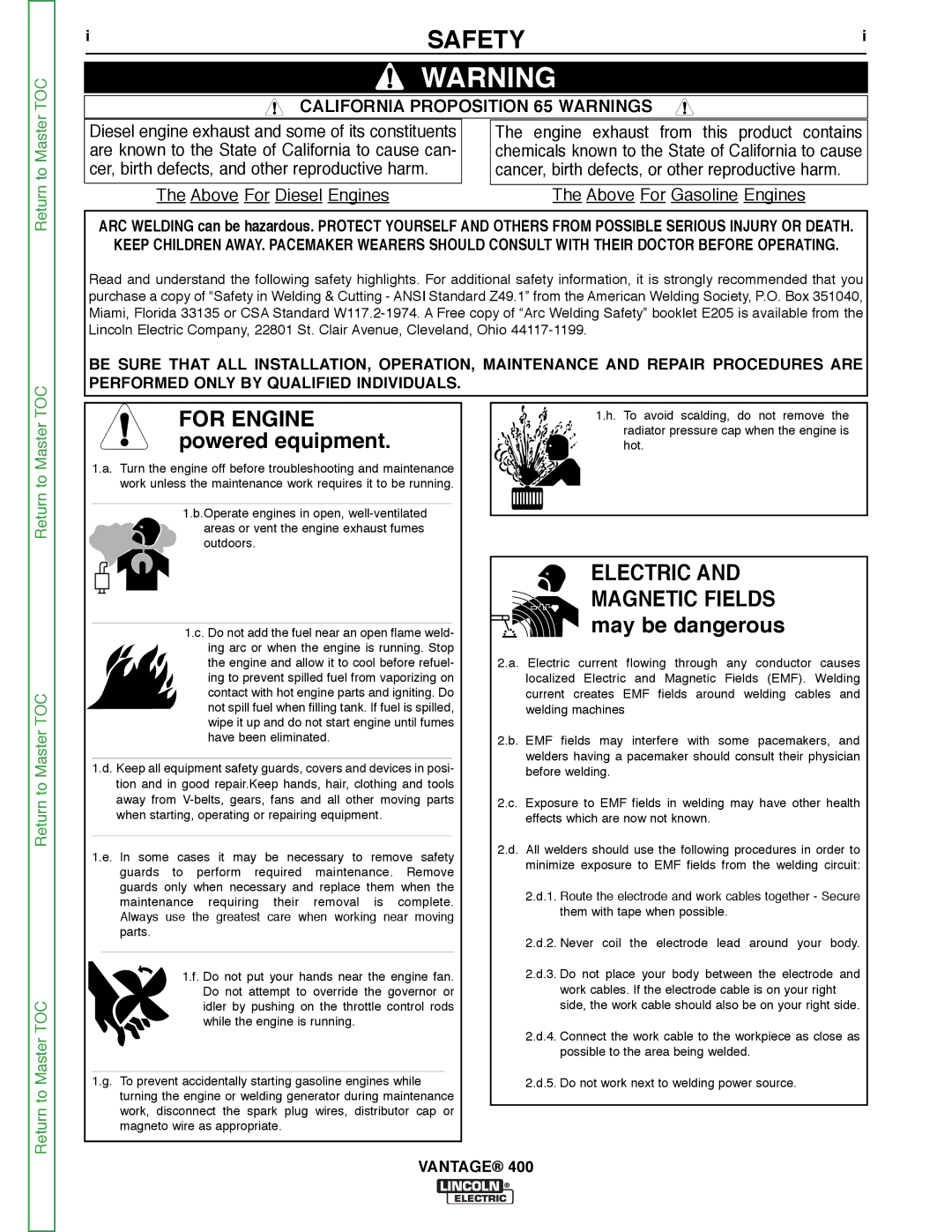 Lincoln Electric 400 service manual Safety, Vantage 