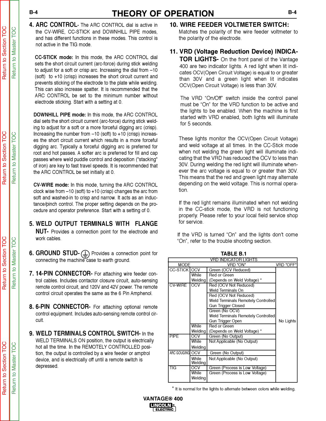 Lincoln Electric 400 service manual Wire Feeder Voltmeter Switch, Table B.1 