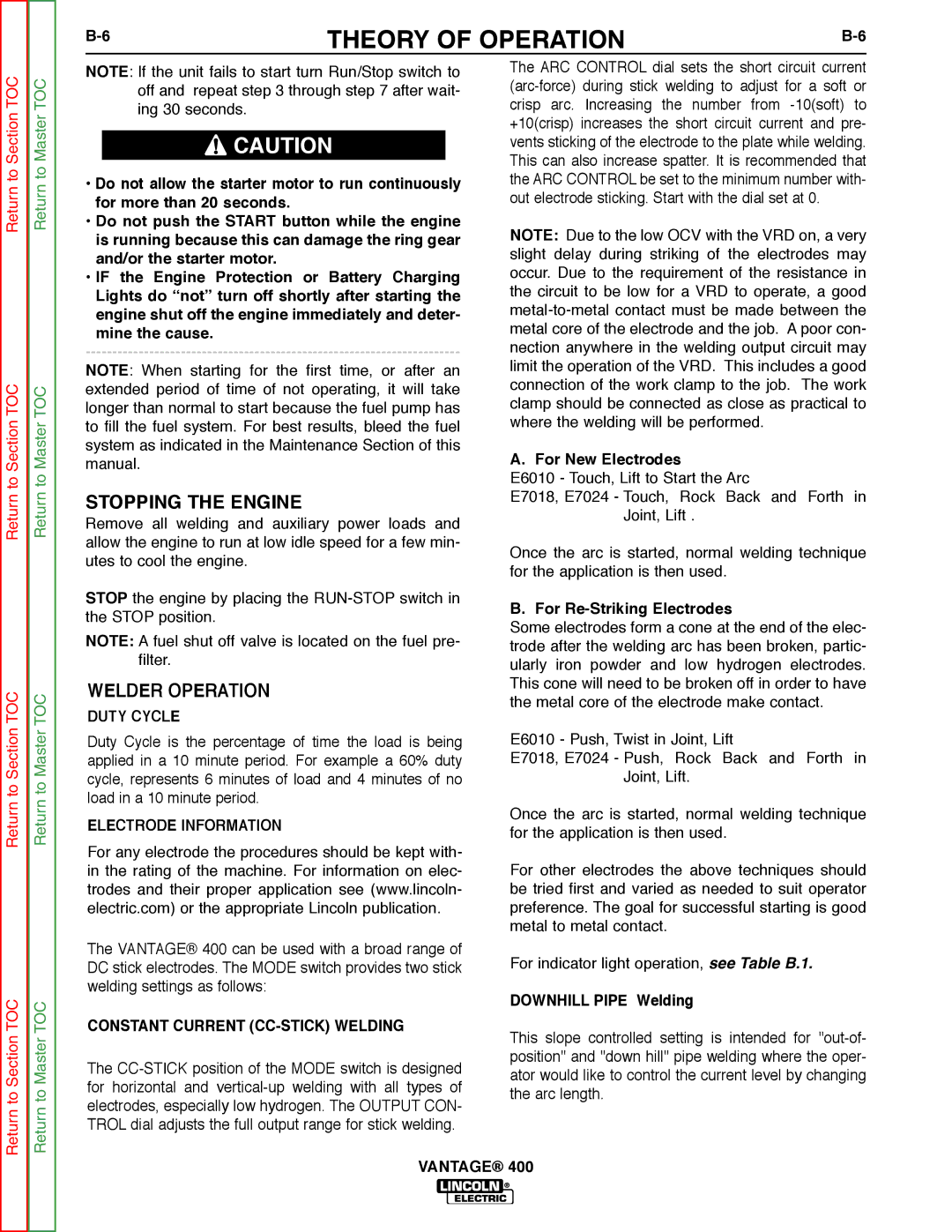 Lincoln Electric 400 service manual Stopping the Engine, Welder Operation, Duty Cycle, Electrode Information 