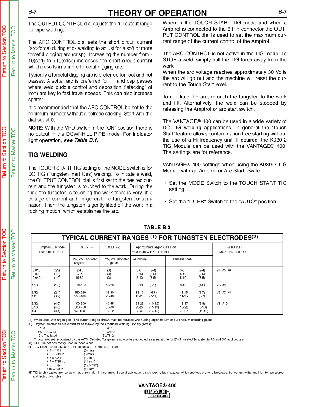 Lincoln Electric 400 service manual TIG Welding, Typical Current Ranges 1 for Tungsten ELECTRODES2, Table B.3 