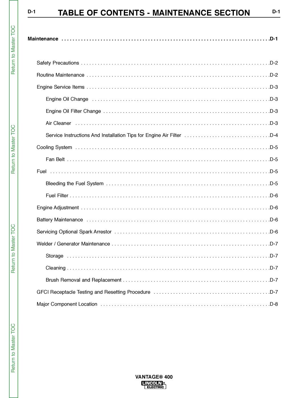 Lincoln Electric 400 service manual Table of Contents Maintenance Section 