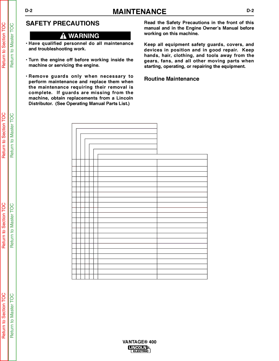 Lincoln Electric 400 service manual Maintenance, Read the Safety Precautions in the front of this 