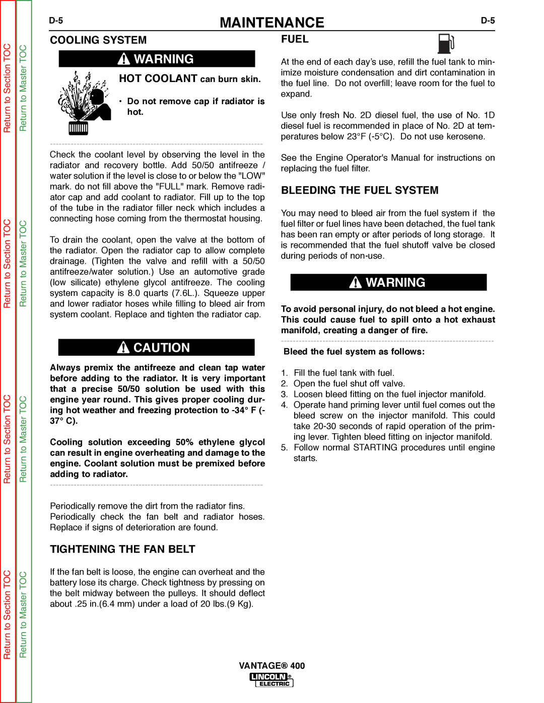 Lincoln Electric 400 service manual Cooling System Fuel, Bleeding the Fuel System, Tightening the FAN Belt 