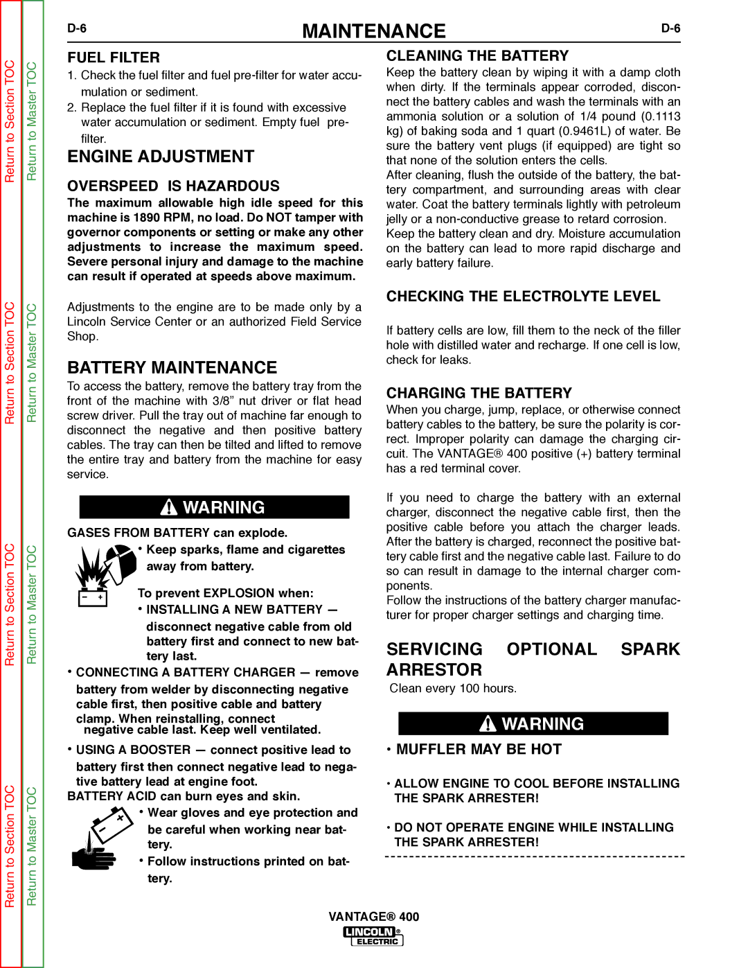 Lincoln Electric 400 service manual Engine Adjustment, Battery Maintenance, Servicing Optional Spark Arrestor 