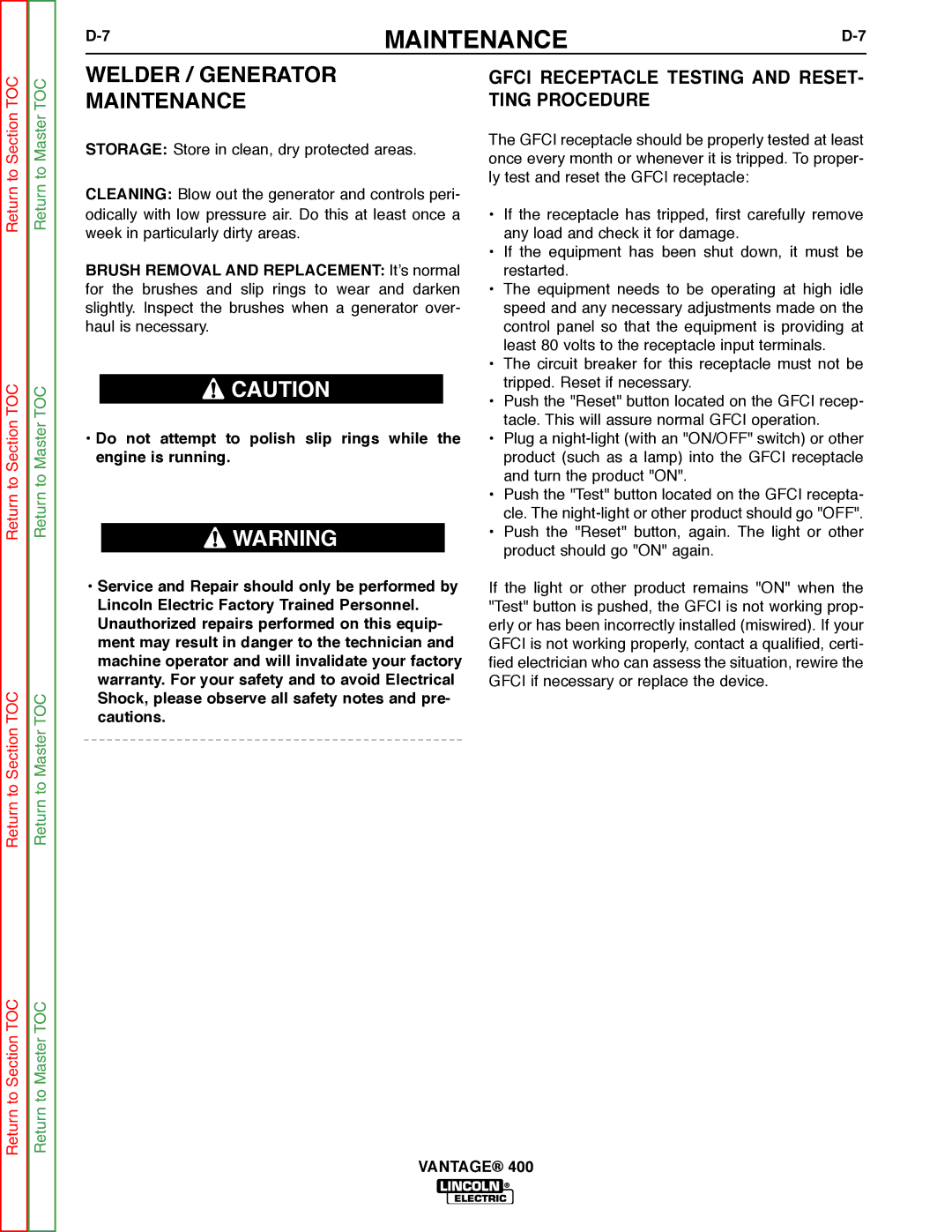 Lincoln Electric 400 service manual Welder / Generator Maintenance, Gfci Receptacle Testing and RESET- Ting Procedure 