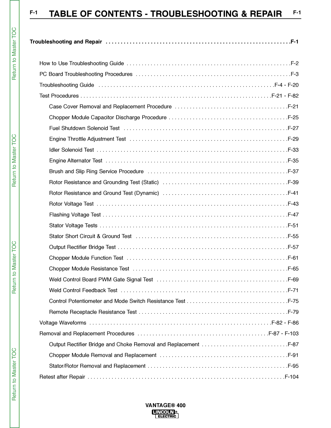 Lincoln Electric 400 service manual Table of Contents Troubleshooting & Repair 