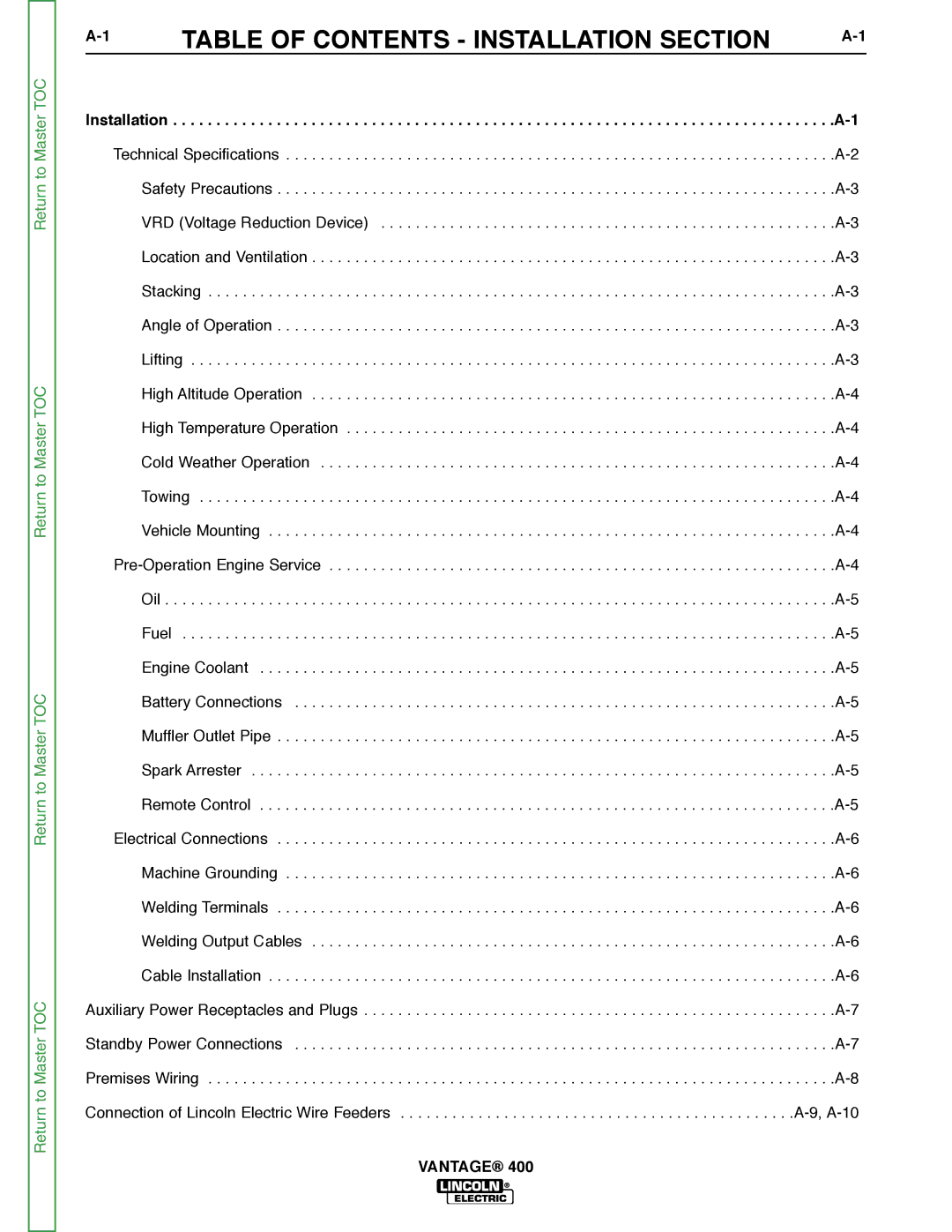 Lincoln Electric 400 service manual Table of Contents Installation Section 