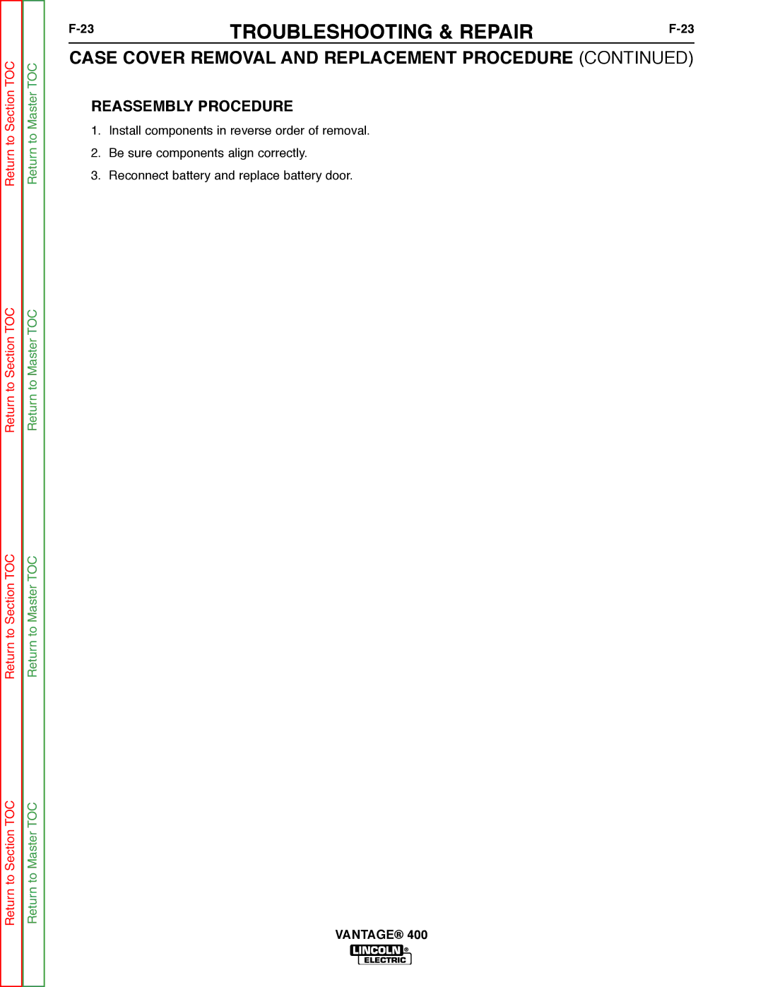 Lincoln Electric 400 service manual Reassembly Procedure 