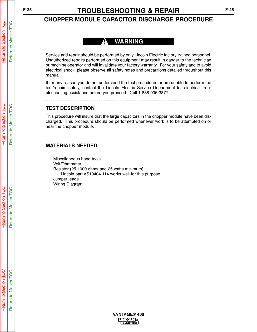 Lincoln Electric 400 service manual Chopper Module Capacitor Discharge Procedure, Test Description 