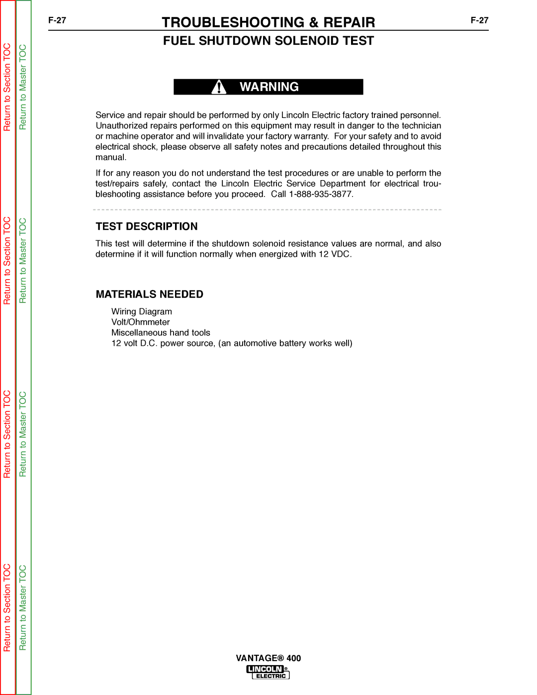 Lincoln Electric 400 service manual Fuel Shutdown Solenoid Test 