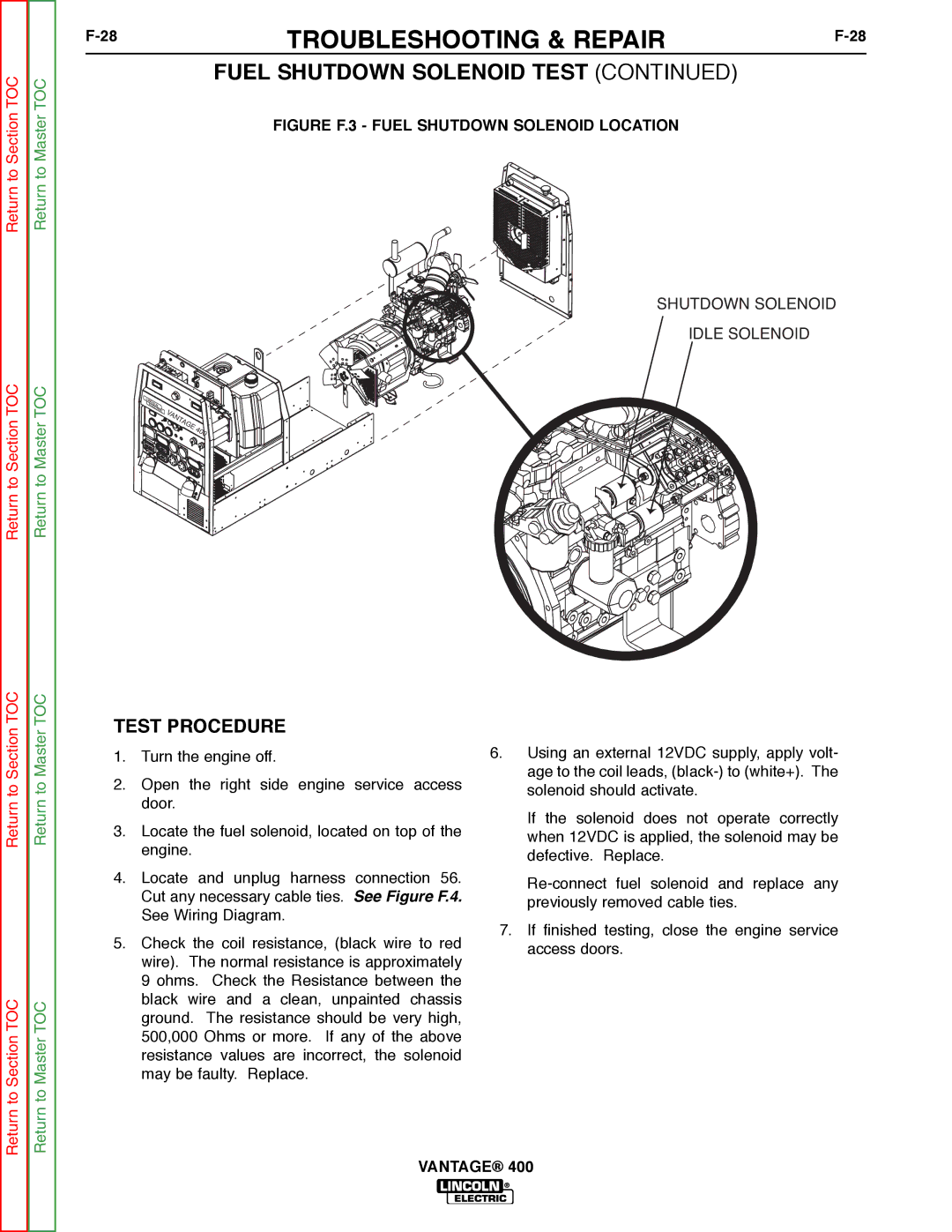 Lincoln Electric 400 service manual Test Procedure, Figure F.3 Fuel Shutdown Solenoid Location 