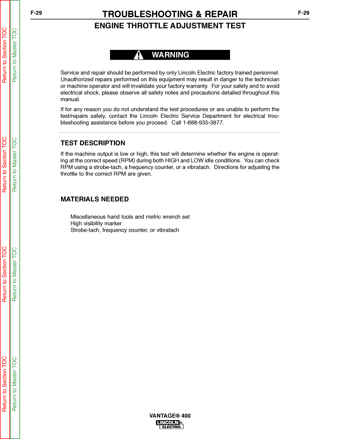 Lincoln Electric 400 service manual Engine Throttle Adjustment Test 