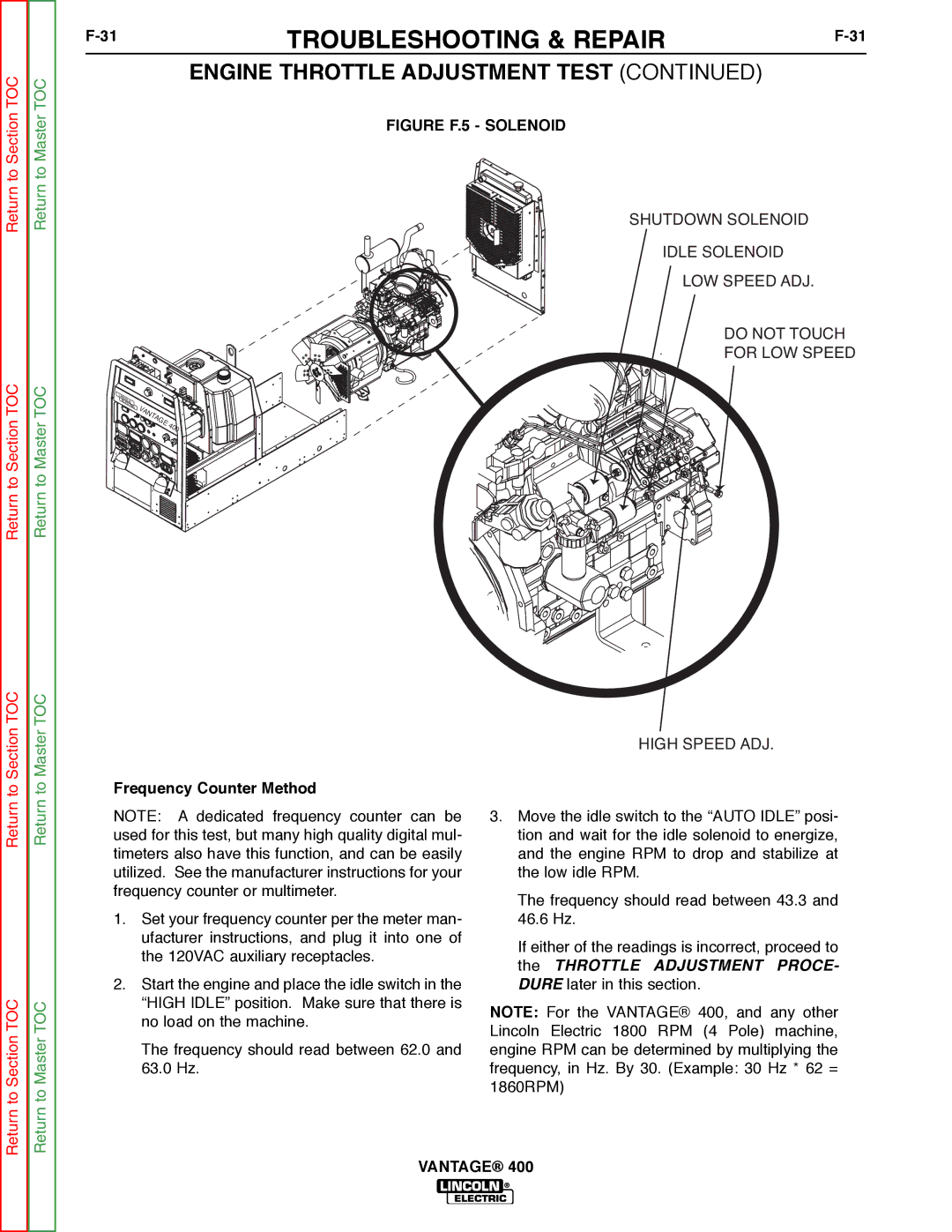 Lincoln Electric 400 service manual High Speed ADJ, Frequency Counter Method 