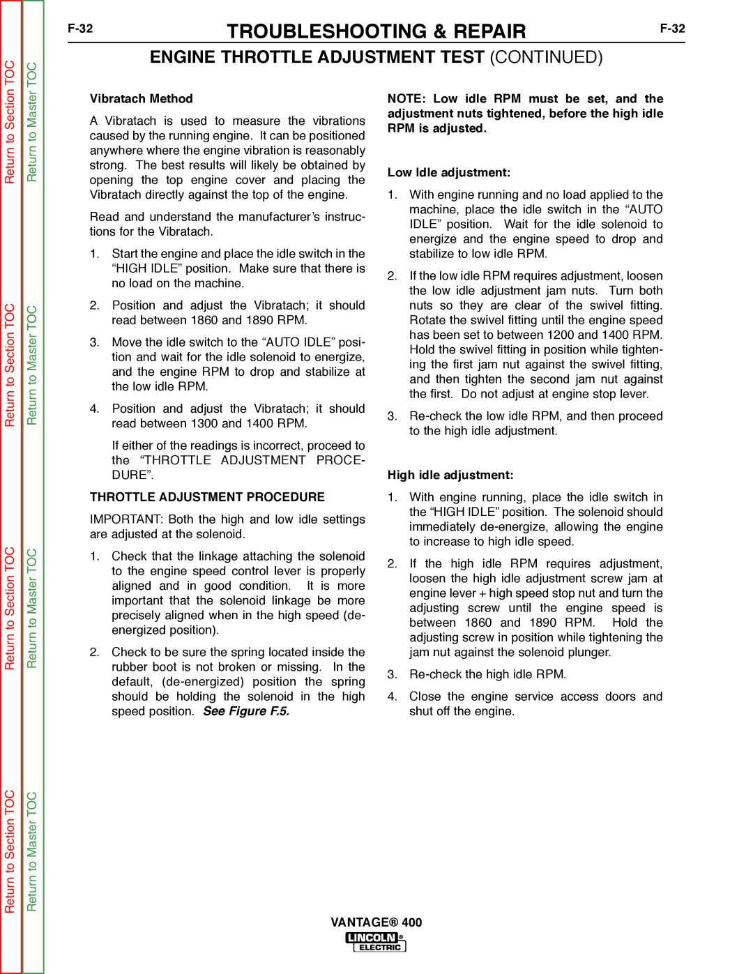 Lincoln Electric 400 Vibratach Method, Throttle Adjustment Procedure, Low Idle adjustment, High idle adjustment 