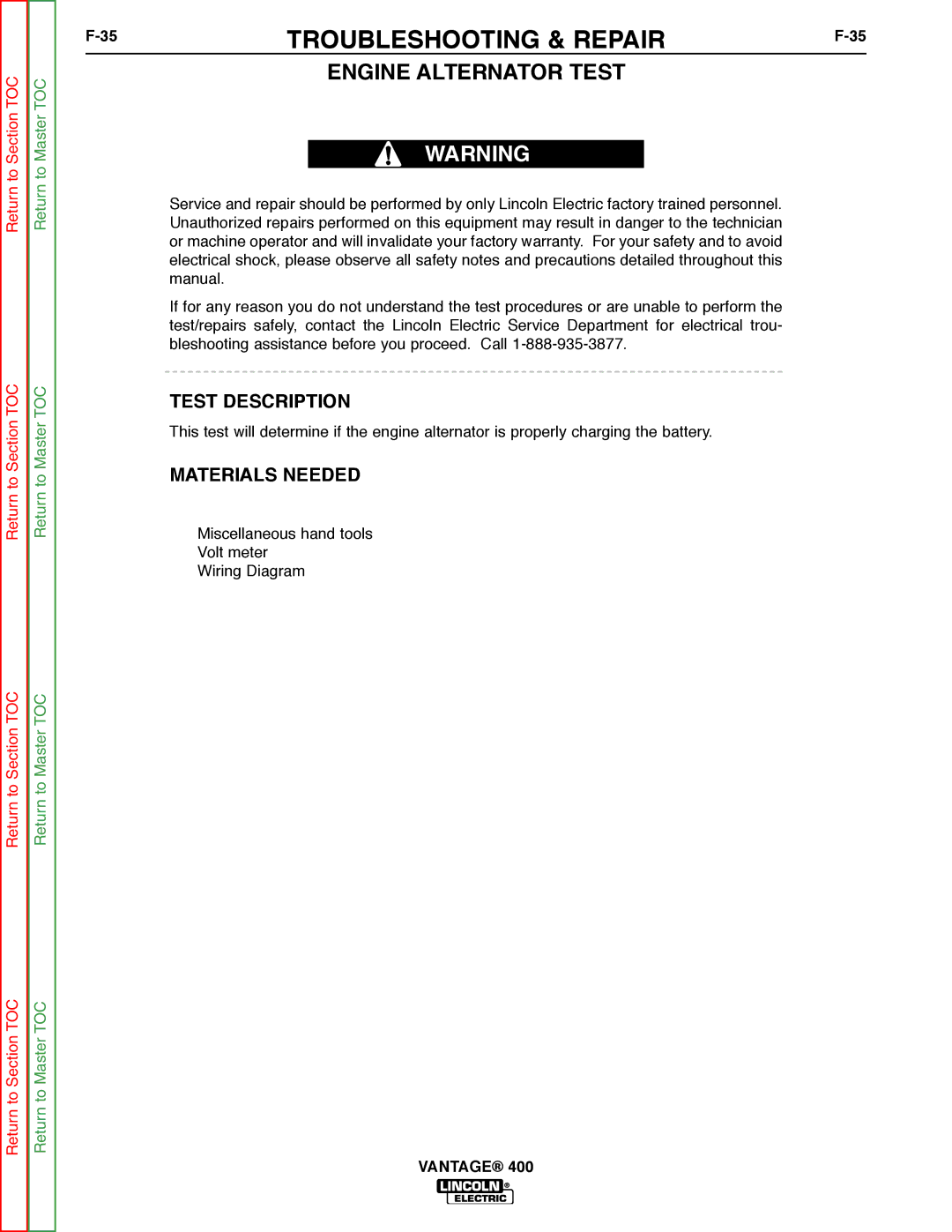 Lincoln Electric 400 service manual Engine Alternator Test 