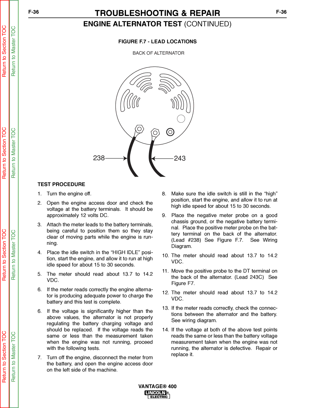 Lincoln Electric 400 service manual Figure F.7 Lead Locations, Test Procedure 