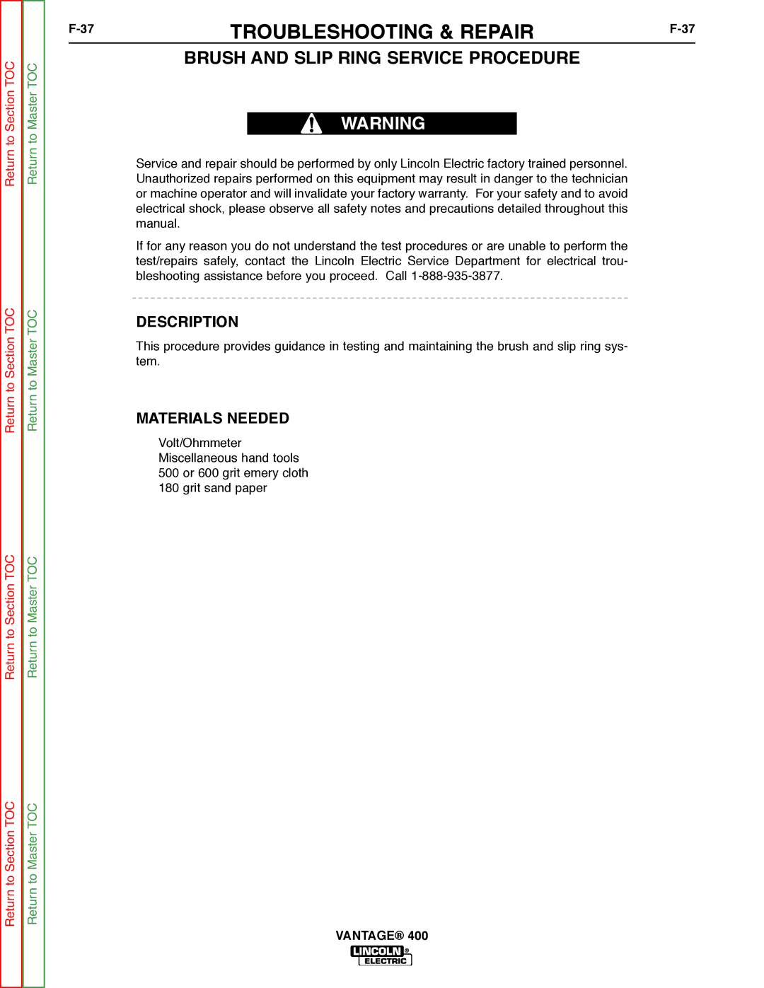 Lincoln Electric 400 service manual Brush and Slip Ring Service Procedure, Description 