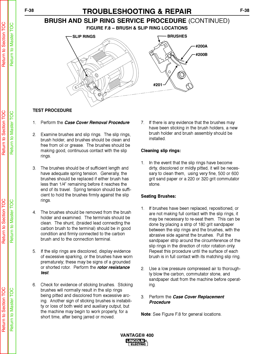 Lincoln Electric 400 service manual Cleaning slip rings, Seating Brushes 