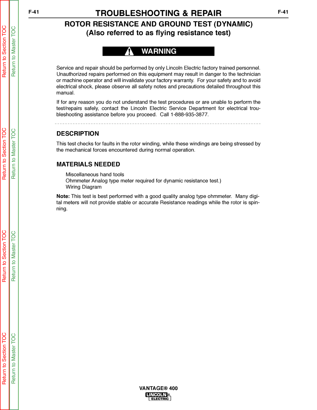 Lincoln Electric 400 service manual Rotor Resistance and Ground Test Dynamic, Also referred to as flying resistance test 