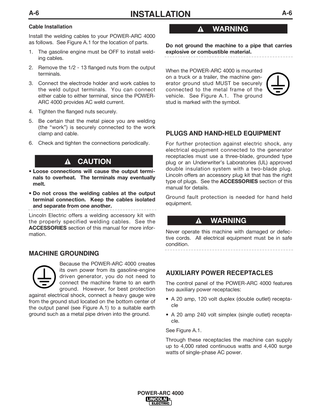 Lincoln Electric 4000 Machine Grounding, Plugs and HAND-HELD Equipment, Auxiliary Power Receptacles, Cable Installation 