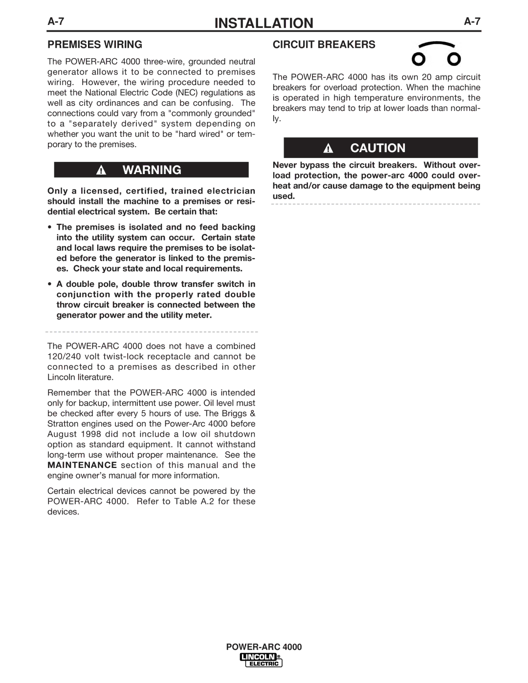 Lincoln Electric 4000 manual Premises Wiring, Circuit Breakers 