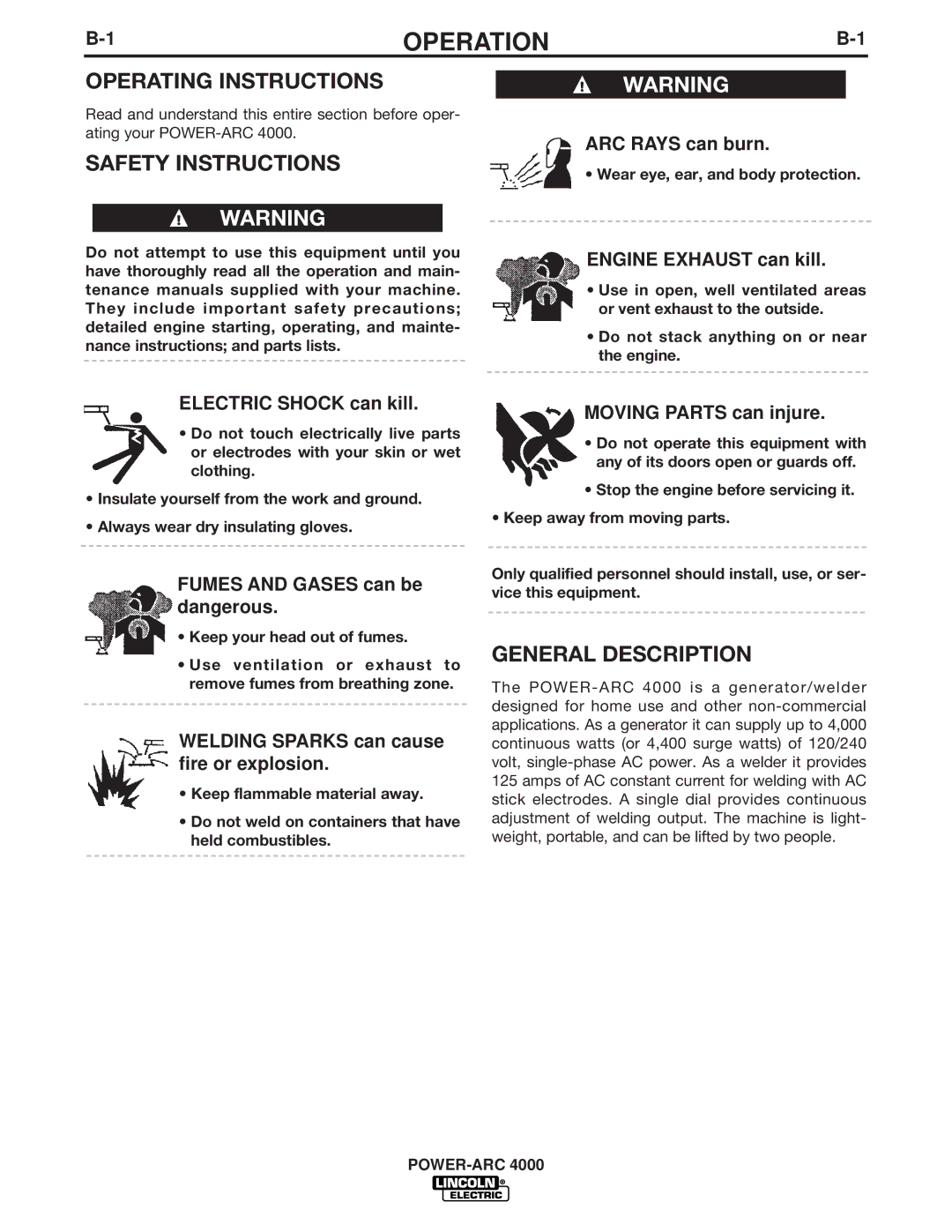 Lincoln Electric 4000 manual Operation, Operating Instructions, Safety Instructions, General Description 