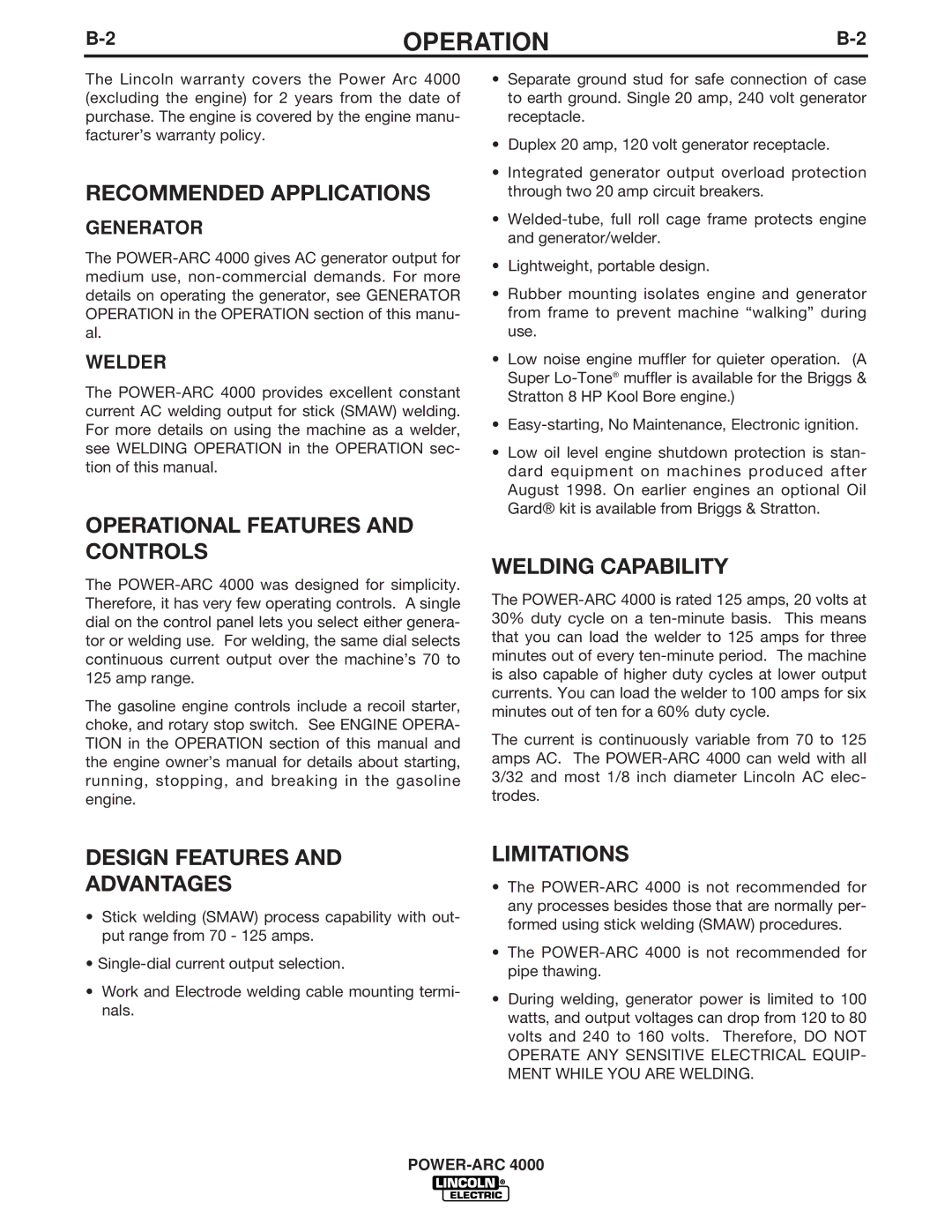 Lincoln Electric 4000 manual Recommended Applications, Operational Features and Controls, Welding Capability, Limitations 