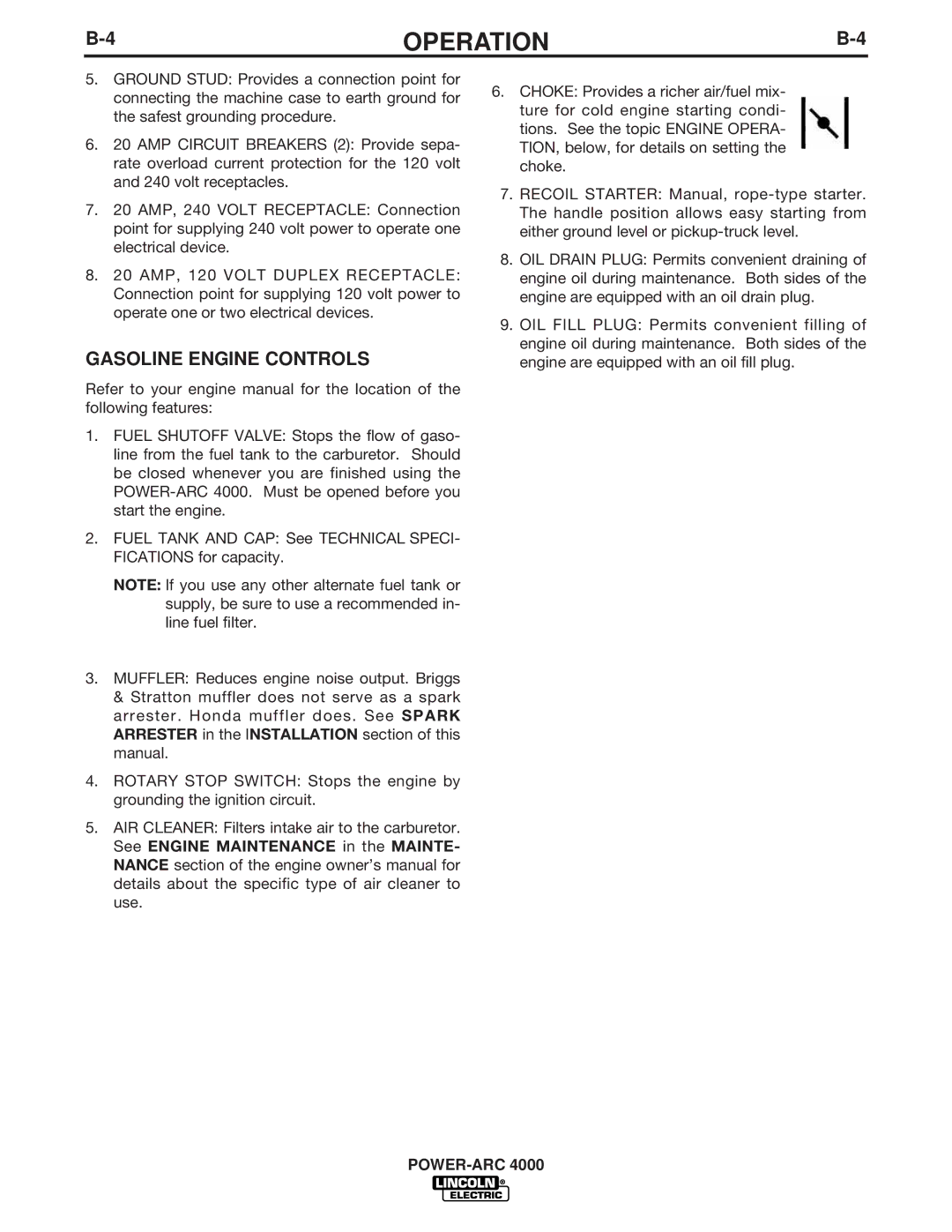 Lincoln Electric 4000 manual Gasoline Engine Controls 