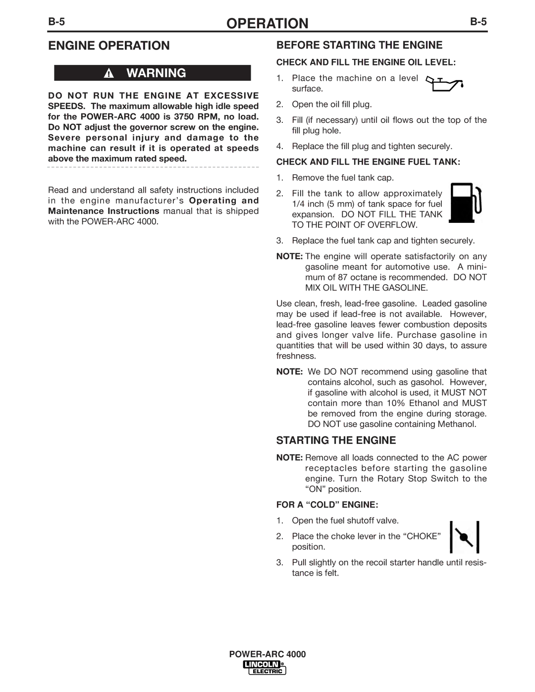 Lincoln Electric 4000 manual Engine Operation, Before Starting the Engine 