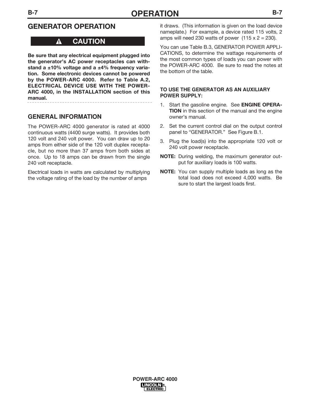 Lincoln Electric 4000 manual Generator Operation, General Information 