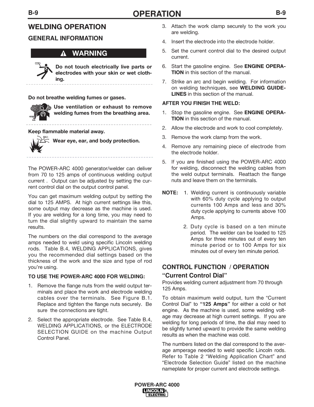 Lincoln Electric 4000 manual Welding Operation, Control Function / Operation Current Control Dial 