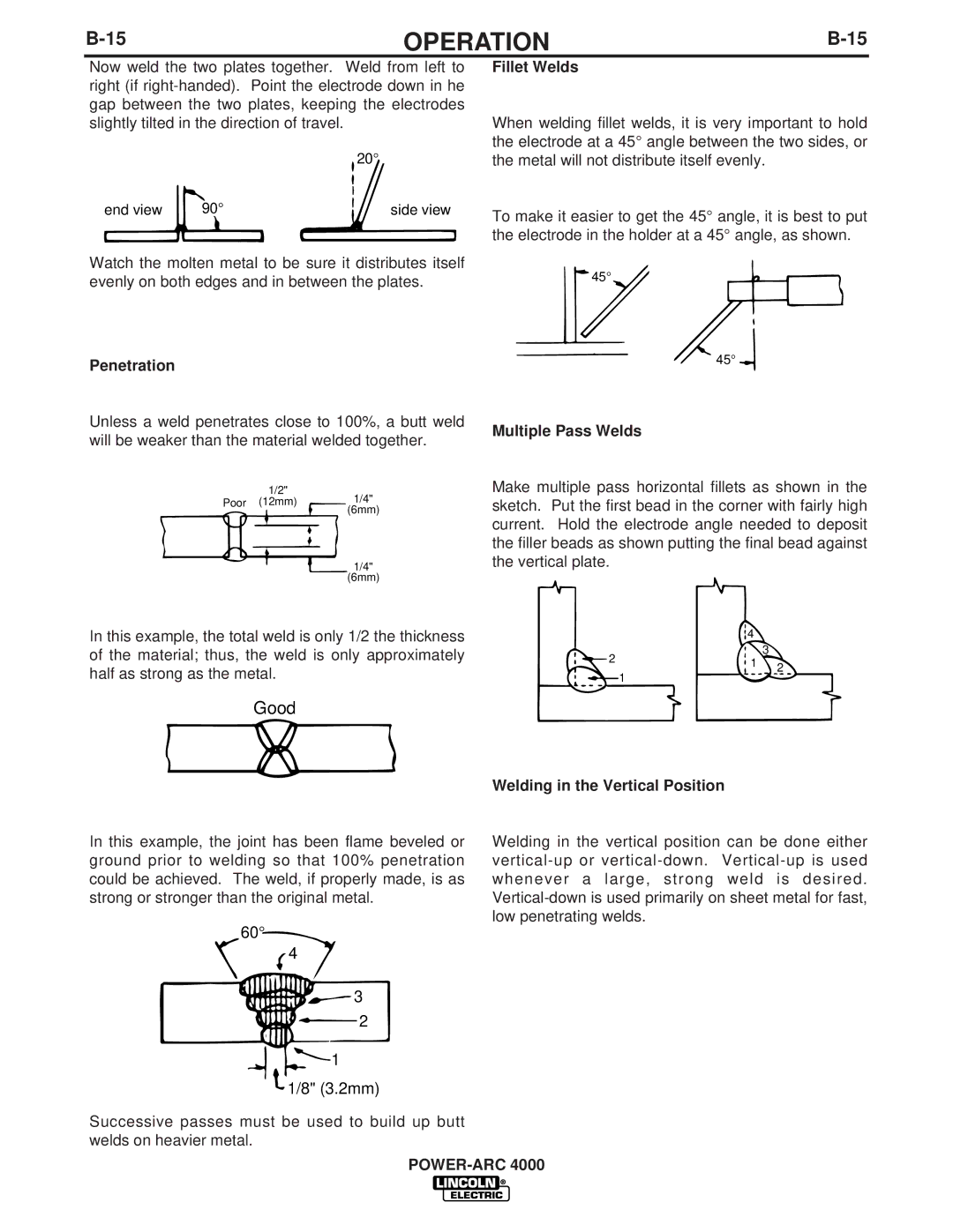 Lincoln Electric 4000 manual Penetration, Fillet Welds, Multiple Pass Welds, Welding in the Vertical Position 