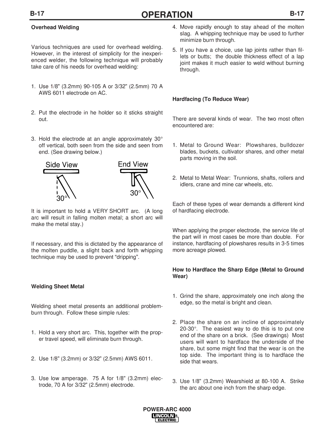 Lincoln Electric 4000 manual Overhead Welding, Welding Sheet Metal, Hardfacing To Reduce Wear 