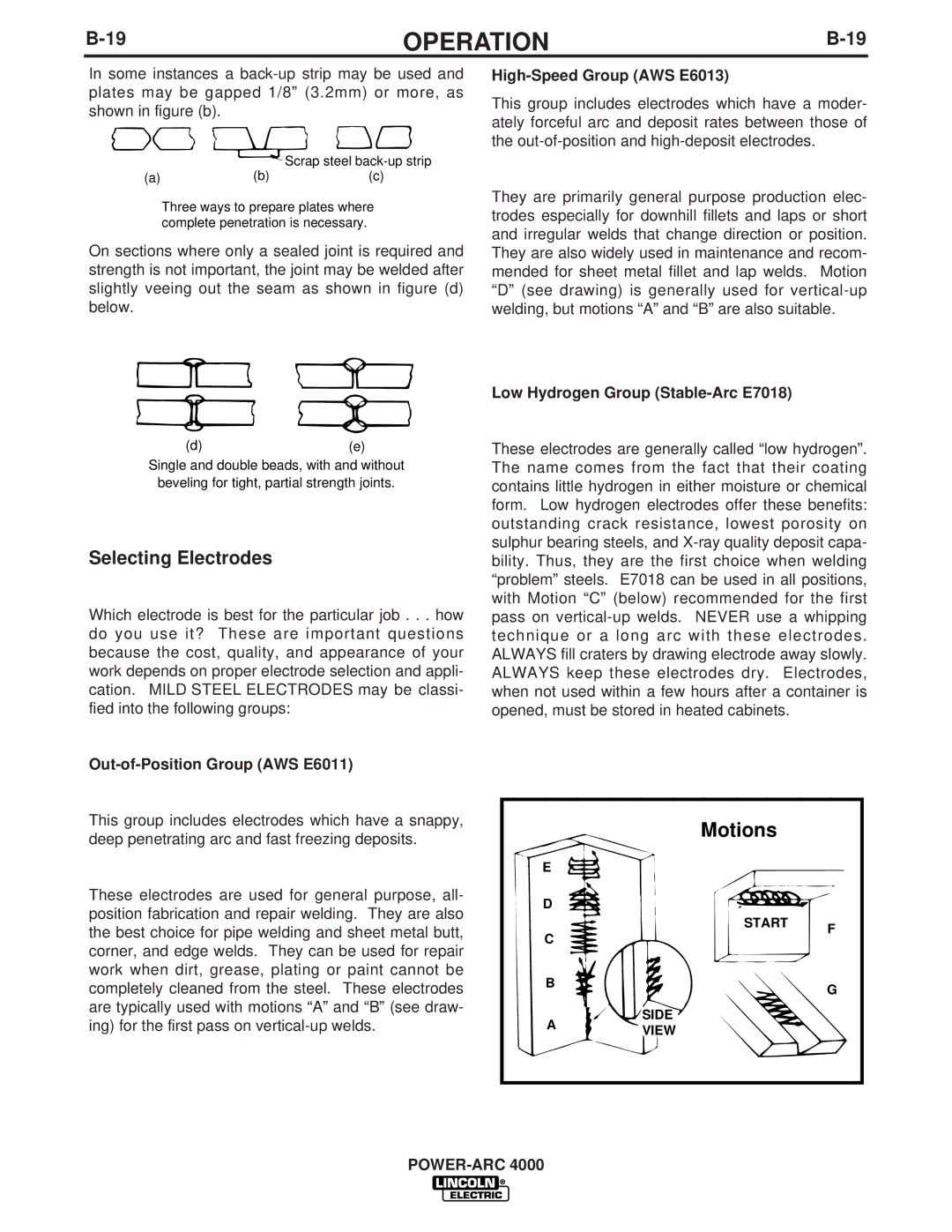 Lincoln Electric 4000 manual Selecting Electrodes, Out-of-Position Group AWS E6011, High-Speed Group AWS E6013 