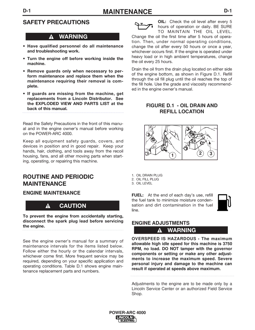 Lincoln Electric 4000 manual Routine and Periodic Maintenance, Engine Maintenance, Engine Adjustments 