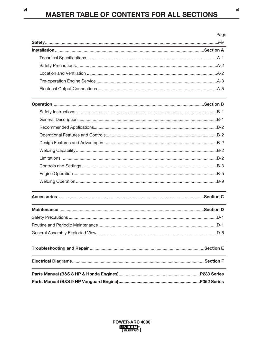 Lincoln Electric 4000 manual Master Table of Contents for ALL Sections 