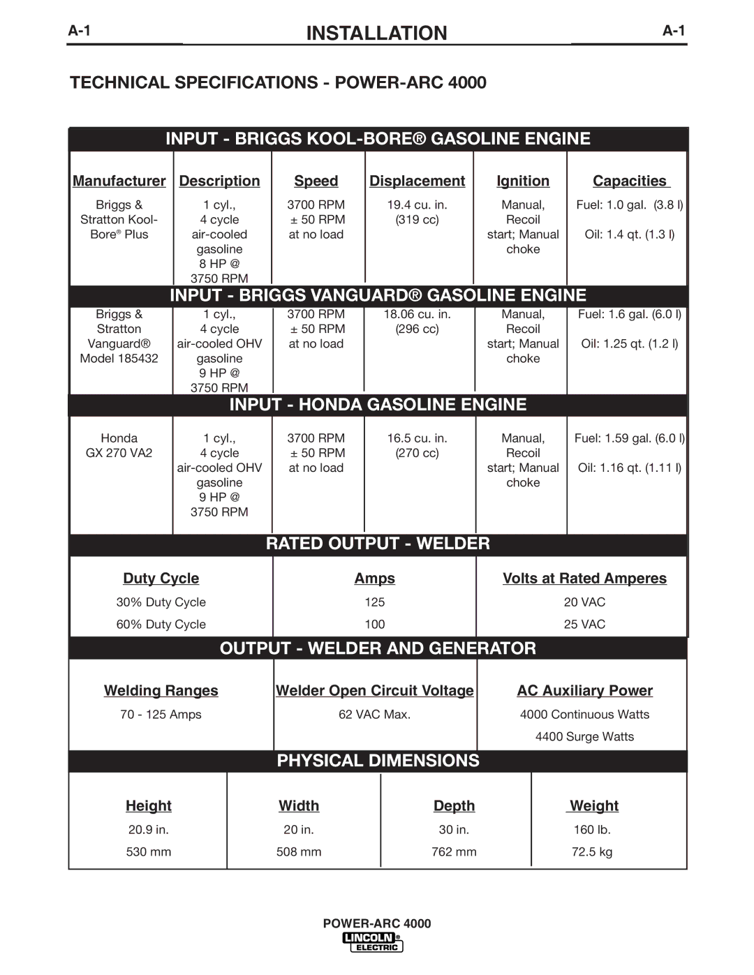 Lincoln Electric 4000 manual Installation, Technical Specifications POWER-ARC 