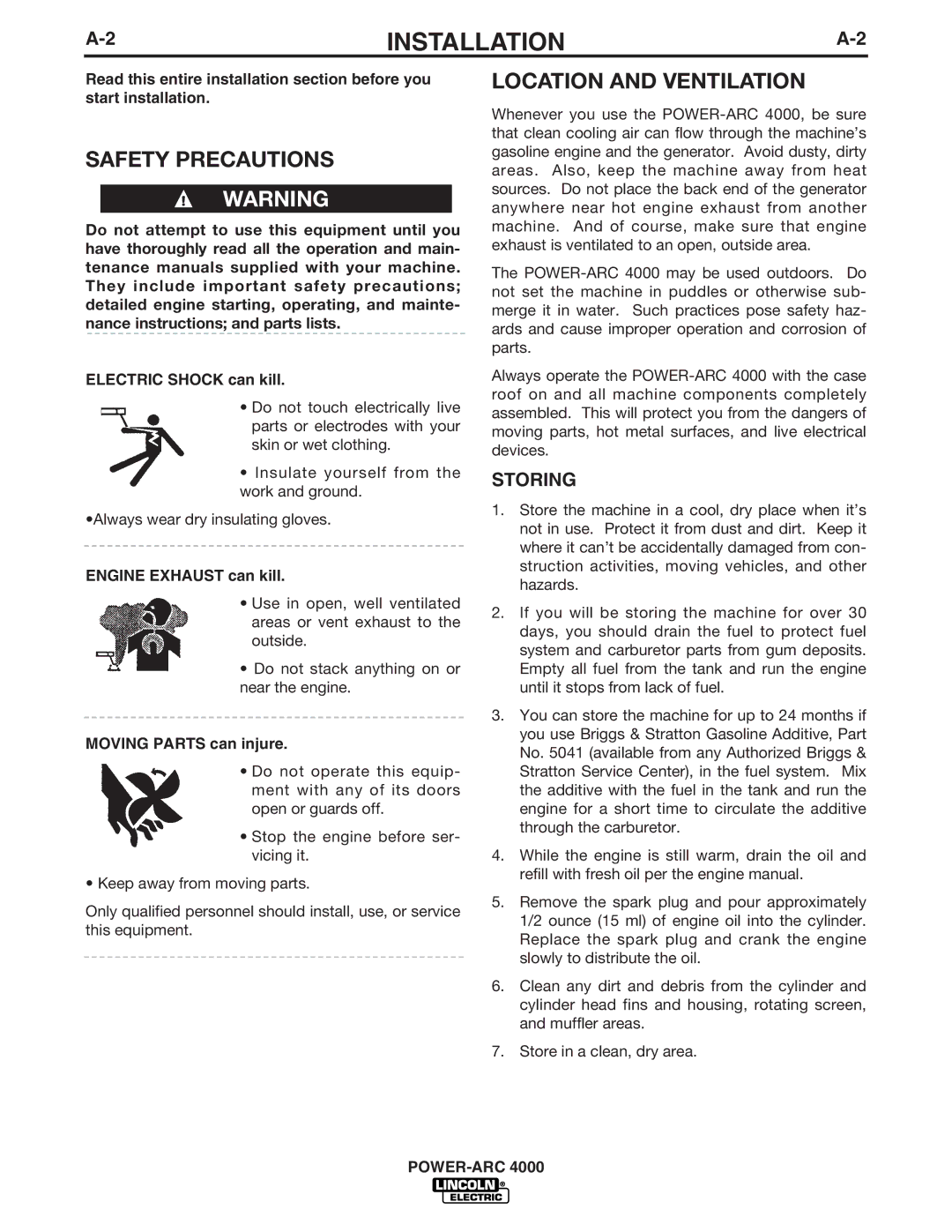 Lincoln Electric 4000 manual Safety Precautions, Location and Ventilation, Storing, Engine Exhaust can kill 