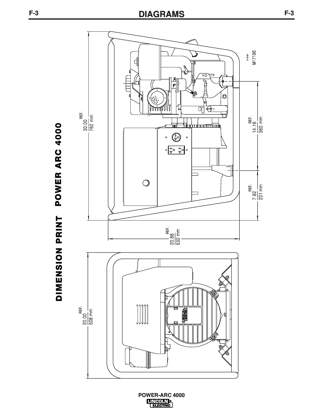 Lincoln Electric 4000 Diagrams, Dimension Print Power Arc, Power-Arc, 20.00, 30.00, 508 mm, 762 mm, 20.88 530 mm, M17196 